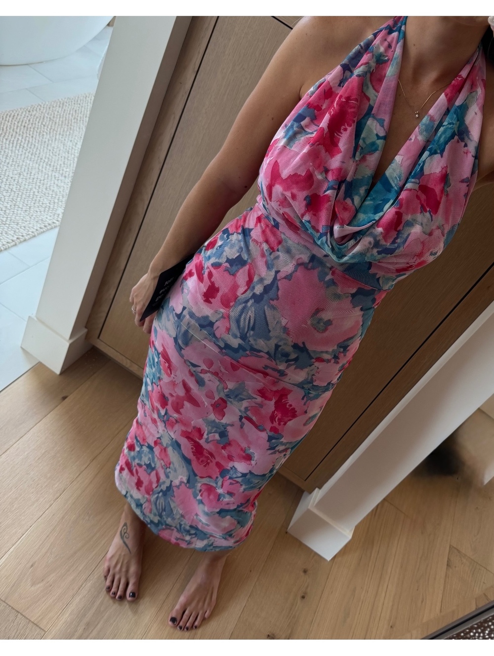 NWT Lulus Venus Teal Pink Floral Mesh Backless Halter Midi Dress Small